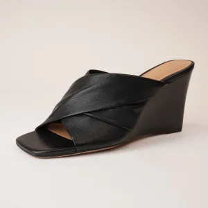 Aiya Black Leather Wedges