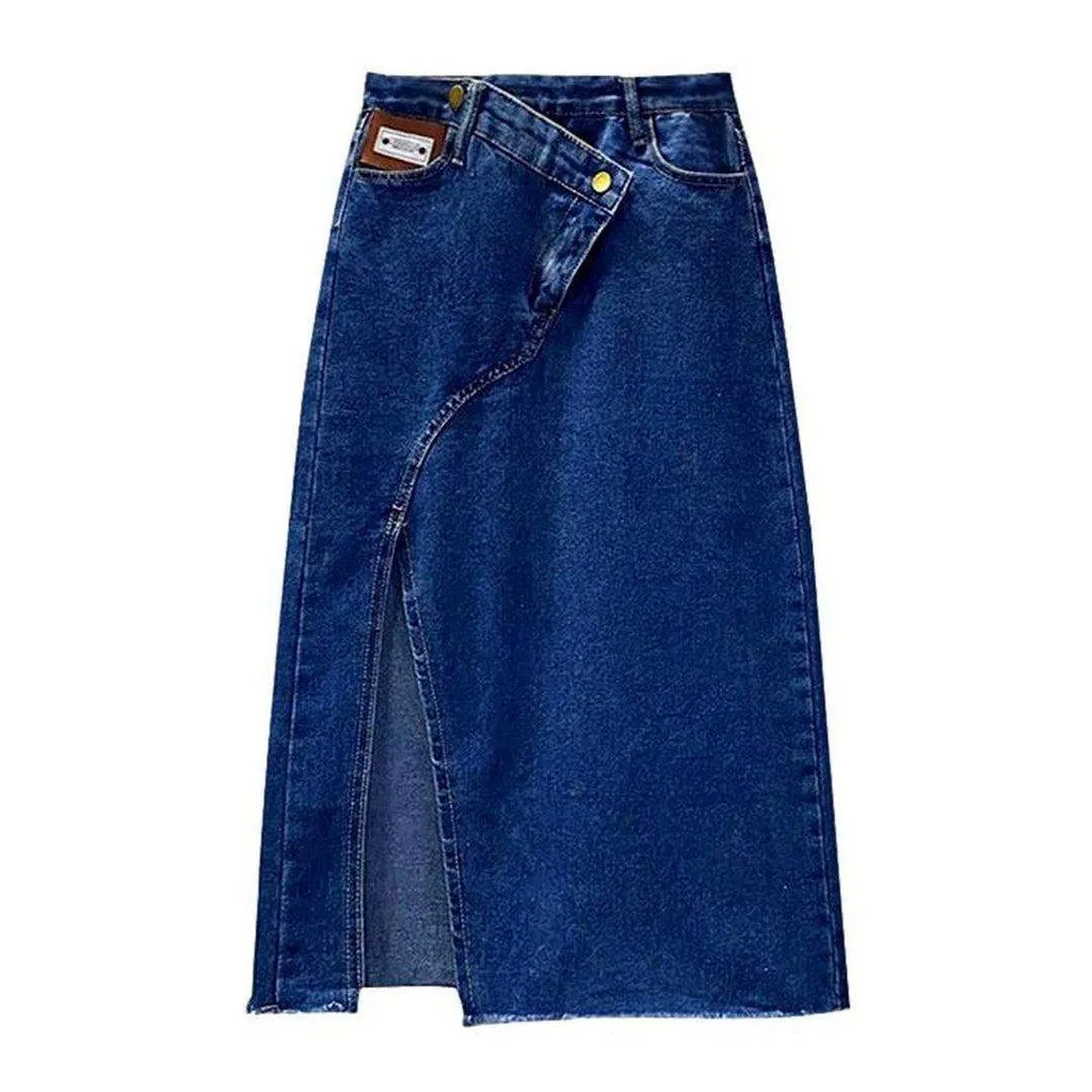 Asymmetric slit maxi denim skirt