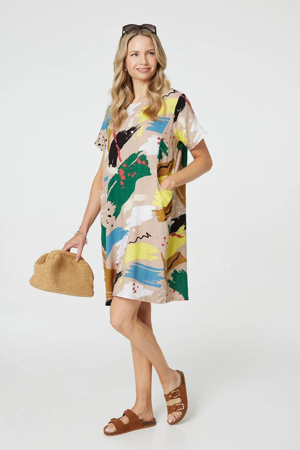 Brushstroke Print Knee Length Shift Dress