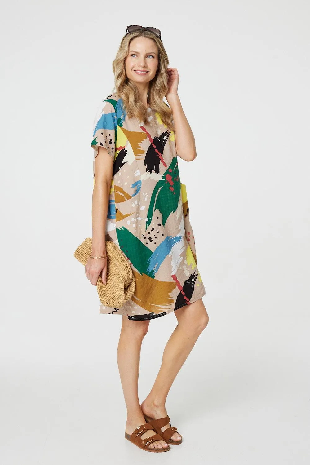 Brushstroke Print Knee Length Shift Dress