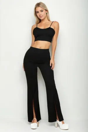 Bustier Crop Top & Front Slit Wide Leg Pants Set