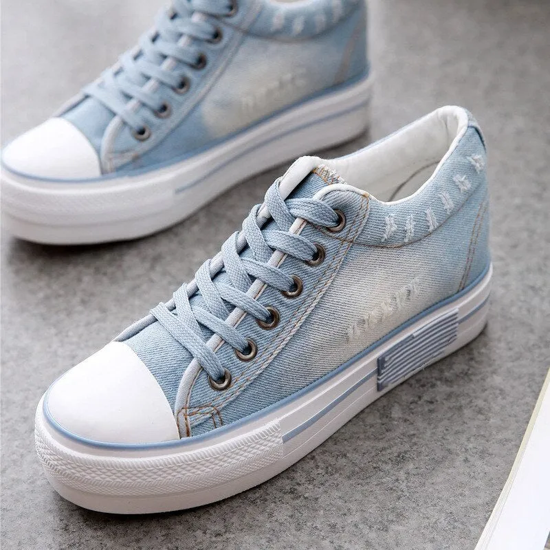 Canvas Eyelet Detail Side Zipper Lace-Up Denim Platform Trainers