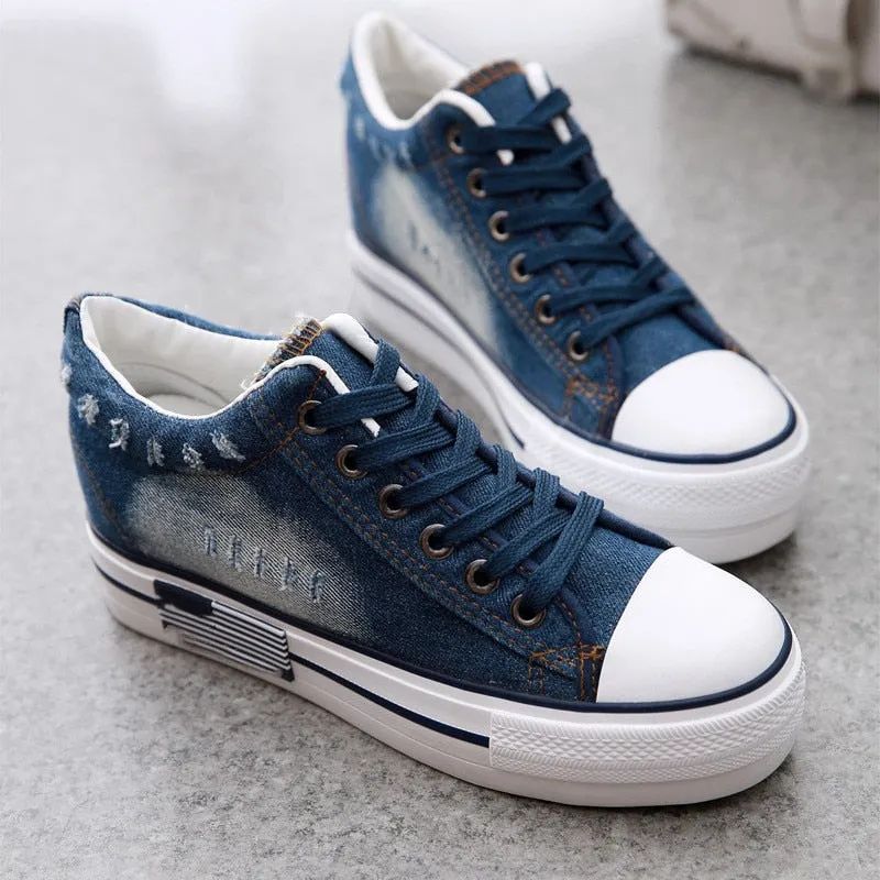 Canvas Eyelet Detail Side Zipper Lace-Up Denim Platform Trainers