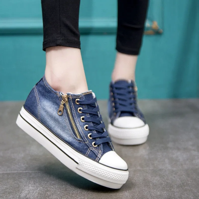 Canvas Eyelet Detail Side Zipper Lace-Up Denim Platform Trainers