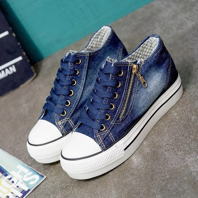 Canvas Eyelet Detail Side Zipper Lace-Up Denim Platform Trainers