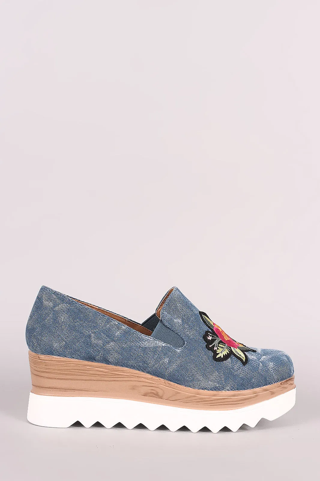 Embroidered Floral Denim Lug Sole Loafer Platform Wedge