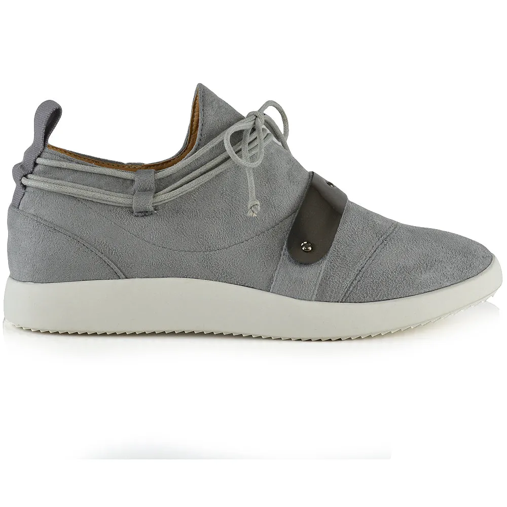 EVANESCENCE LACE UP FLAT RUBBER SOLE SLIP ON TRAINERS IN GREY FAUX SUEDE