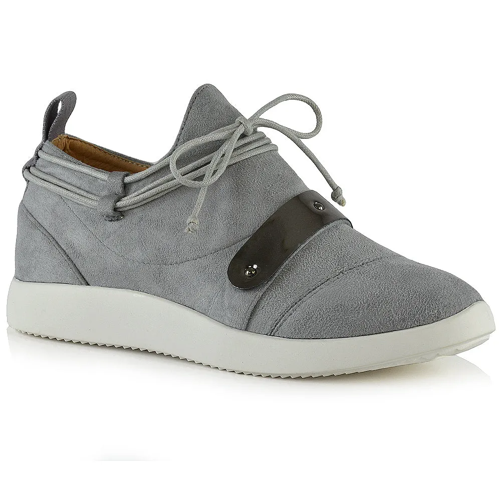 EVANESCENCE LACE UP FLAT RUBBER SOLE SLIP ON TRAINERS IN GREY FAUX SUEDE