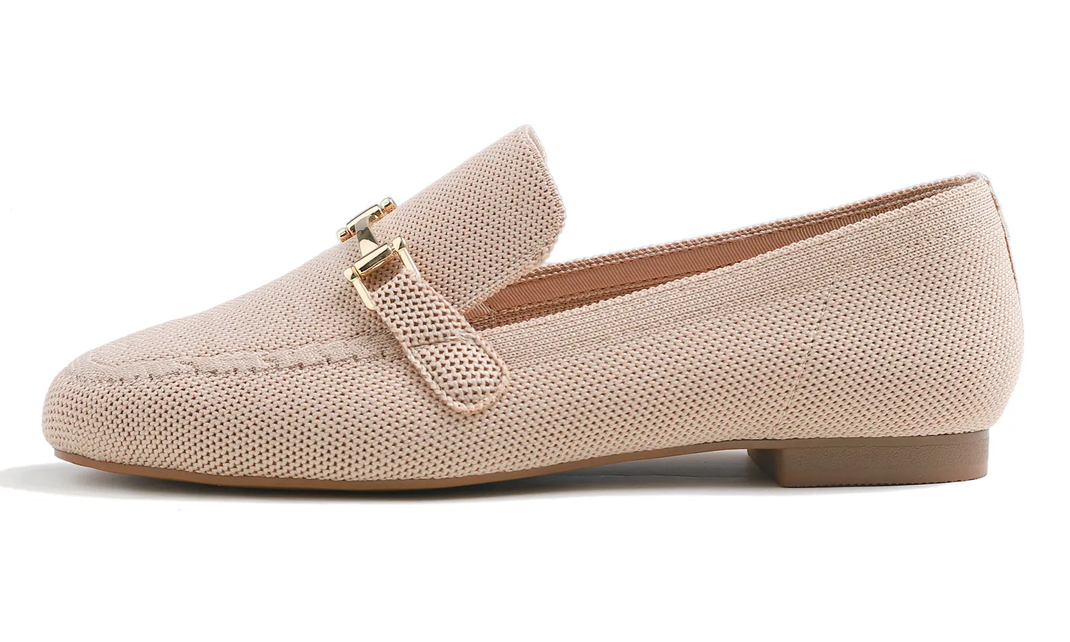 Feversole Women's Woven Fashion Breathable Knit Flat Shoes Nude Color Loafer Metal Trim