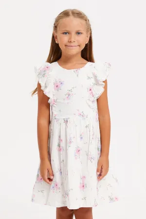 Girls White Printed Dress