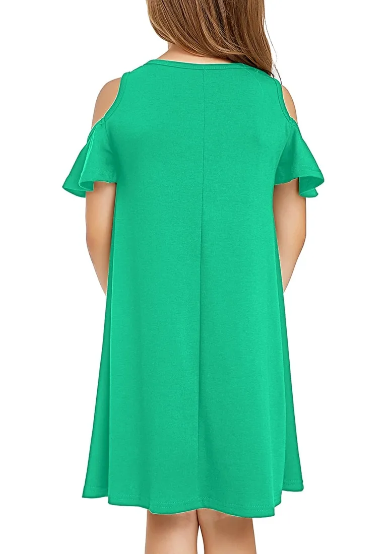 Green Cold Shoulder Ruffle Short Sleeves Girl Tunic Dress