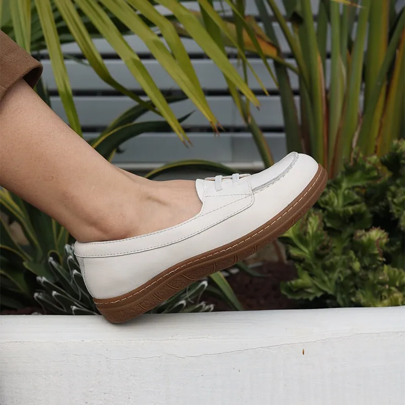 Handmade Leather Loafers Flat Slip Ons For Women in White/Apricot