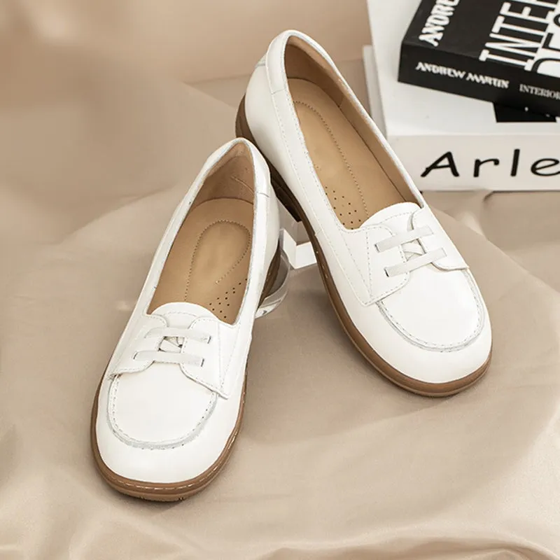 Handmade Leather Loafers Flat Slip Ons For Women in White/Apricot