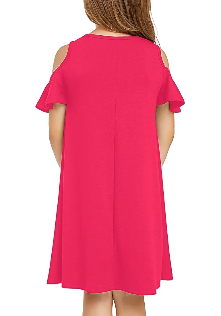 Hot Pink Cold Shoulder Ruffle Short Sleeves Girl Tunic Dress