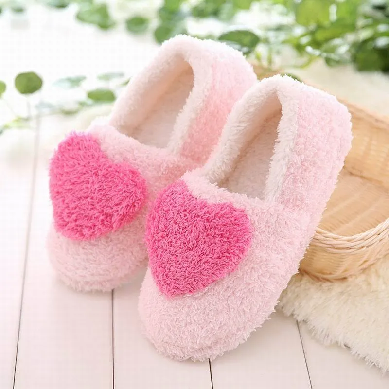 Lovely heart slippers for women soft plush warm house shoes bedroom slippers