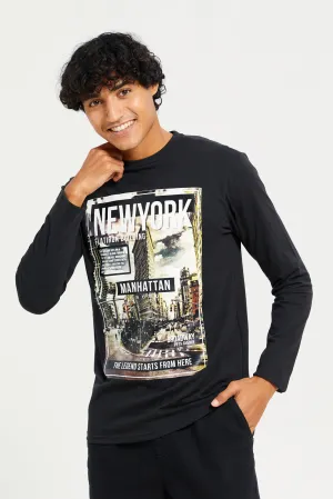 Men Black Long Sleeve Printed T-shirt