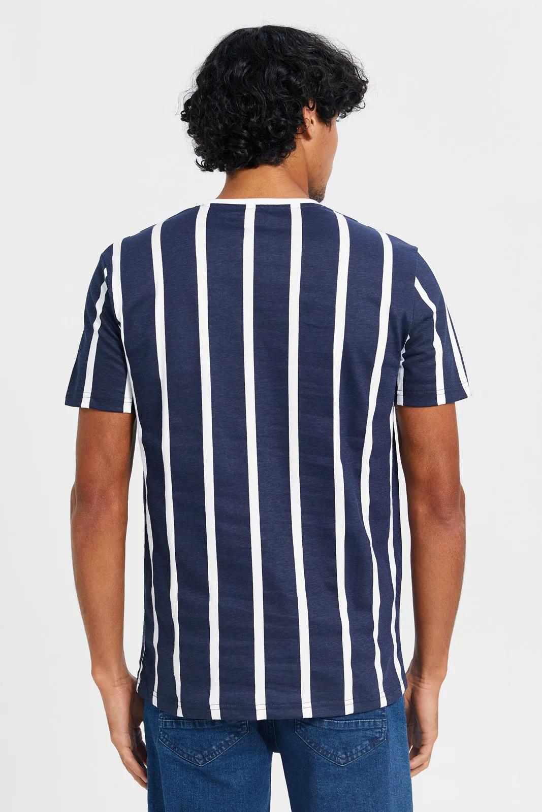 Men Navy Striped T-Shirt