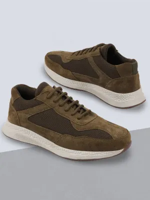 Men Olive Suede Leather Lace Up Casual Sneaker Shoes