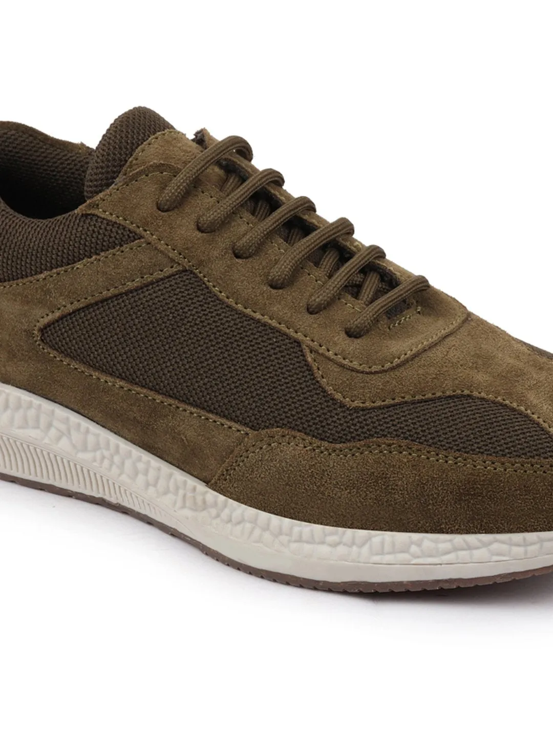 Men Olive Suede Leather Lace Up Casual Sneaker Shoes