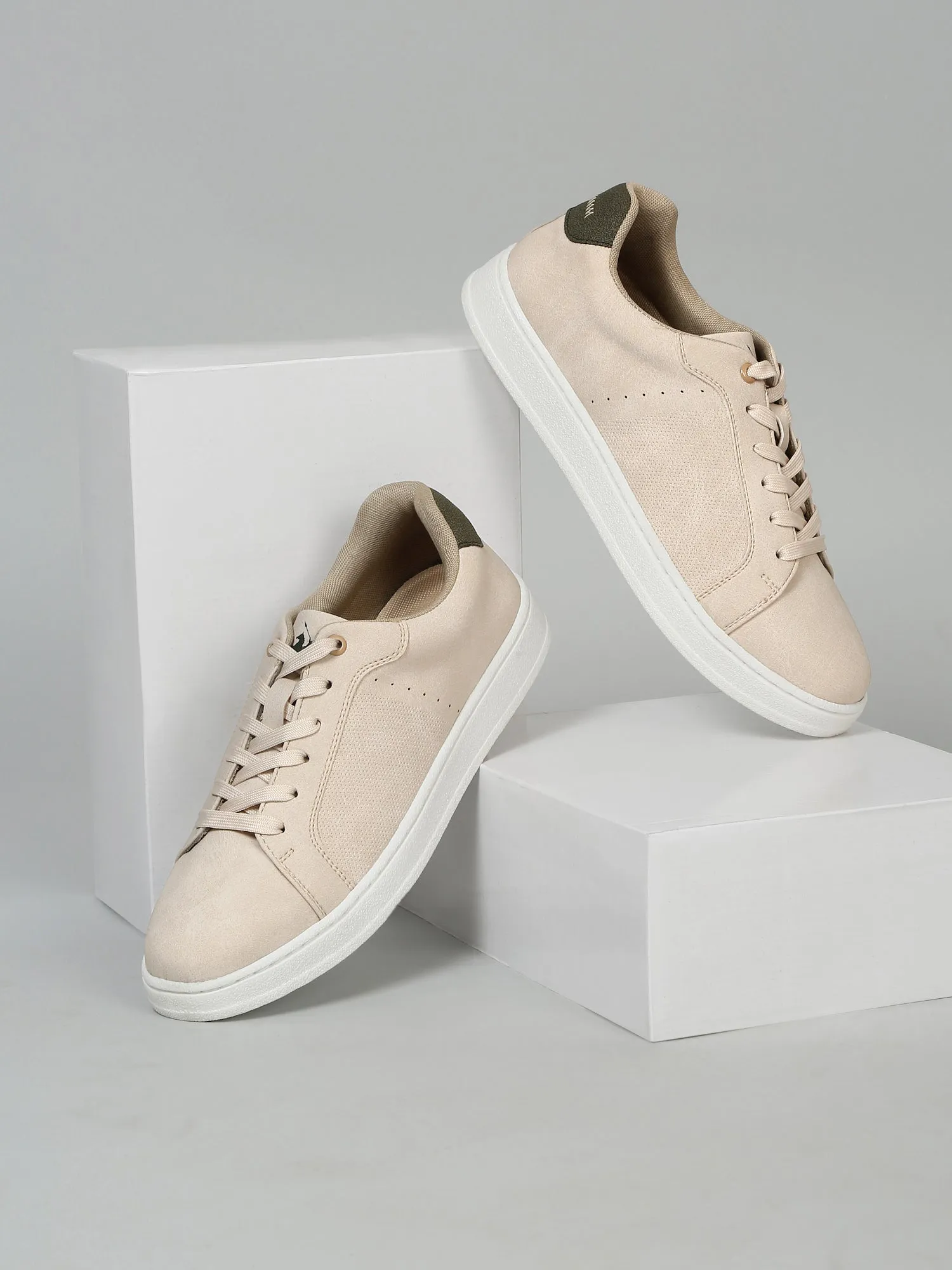 Men's Beige Solid Lace-Up Casual Sneakers