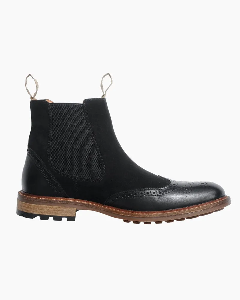 Men's Two Tone Brogue Boot | Black Leather and Suede Combo