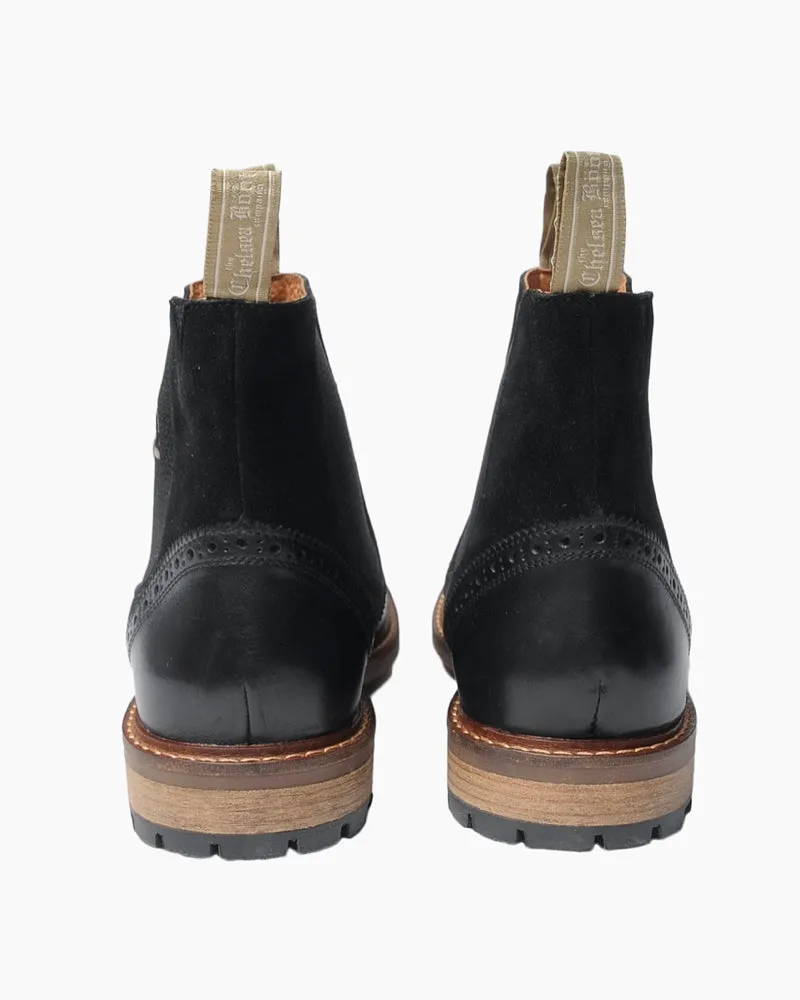 Men's Two Tone Brogue Boot | Black Leather and Suede Combo