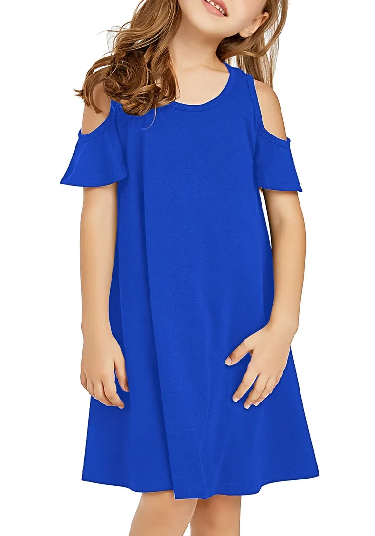 Navy Blue Cold Shoulder Ruffle Short Sleeves Girl Tunic Dress