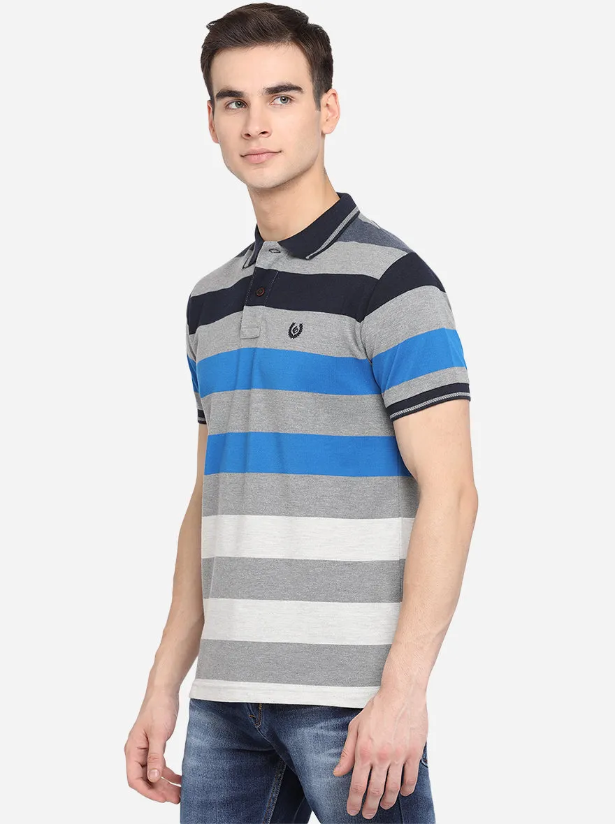 Neutral Grey Striped Slim Fit Polo T-Shirt | Greenfibre