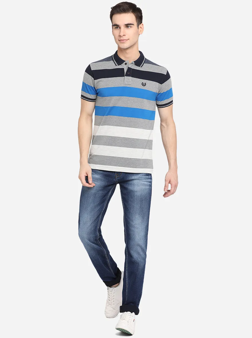 Neutral Grey Striped Slim Fit Polo T-Shirt | Greenfibre