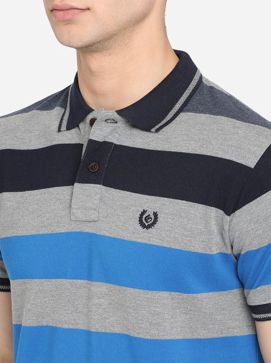 Neutral Grey Striped Slim Fit Polo T-Shirt | Greenfibre