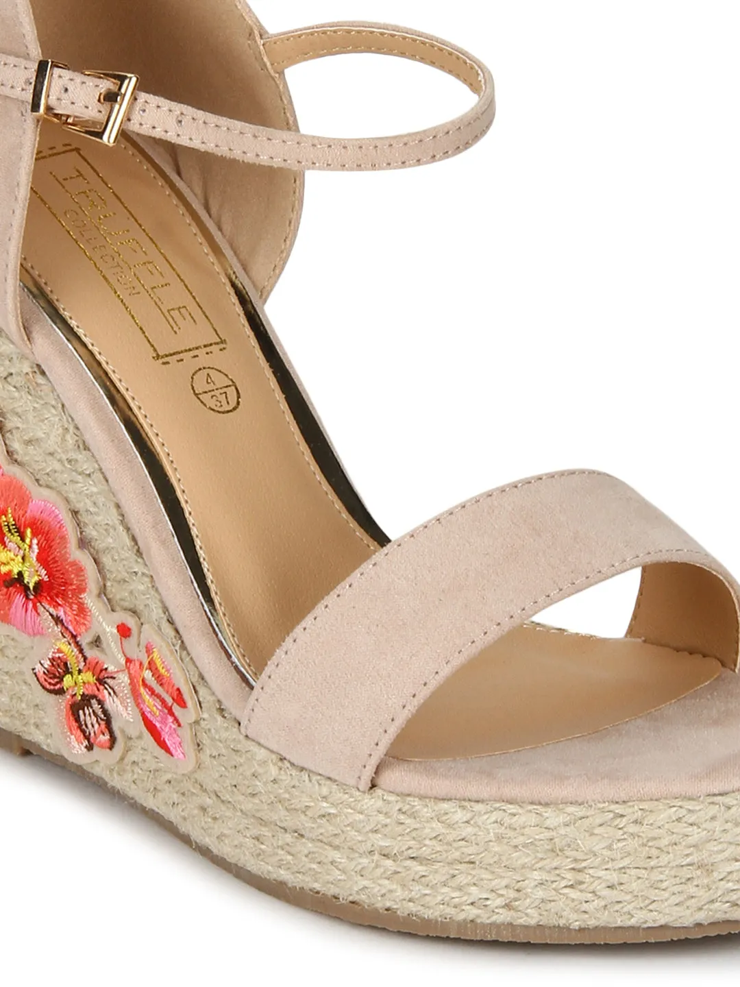 Nude Micro Embroidred Ankle Strap Wedges