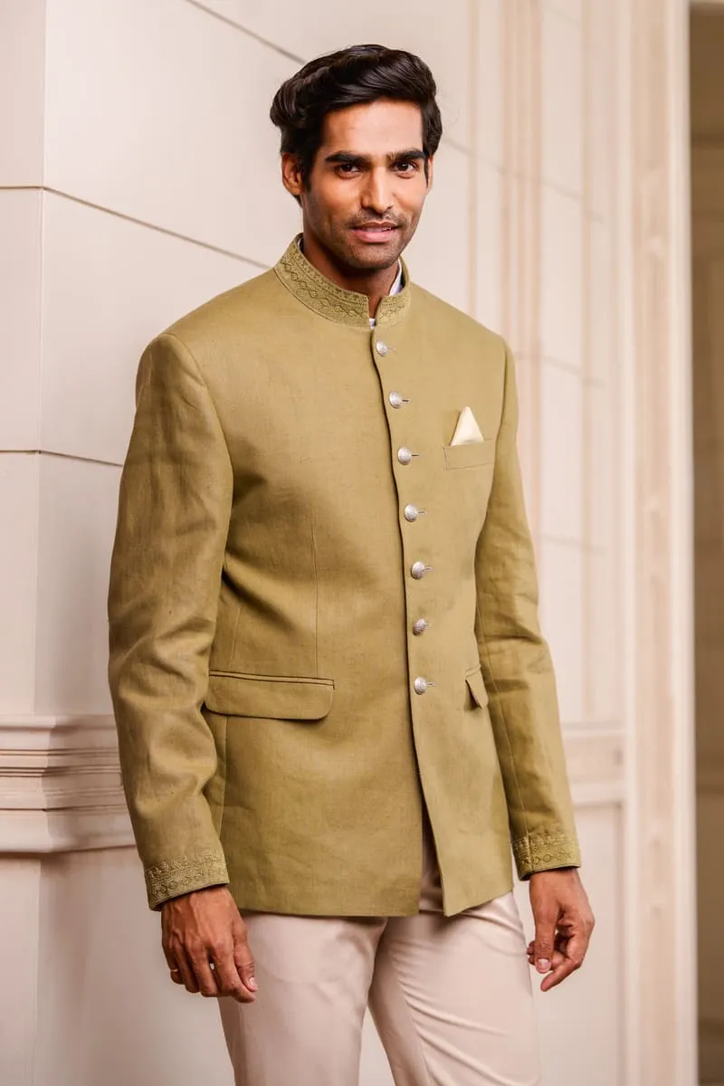 Olive Linen Bandhgala With Dori Embroidery