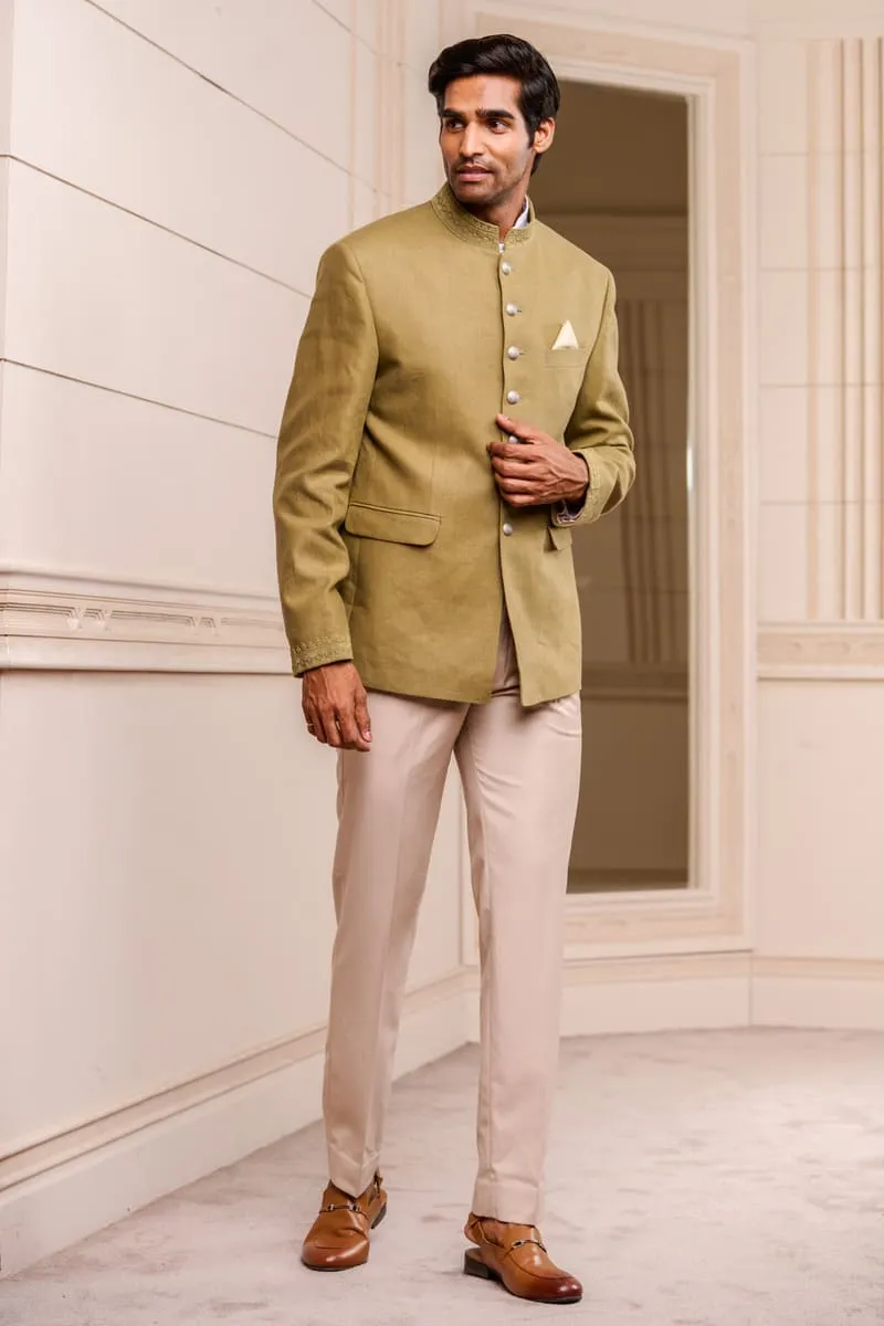 Olive Linen Bandhgala With Dori Embroidery