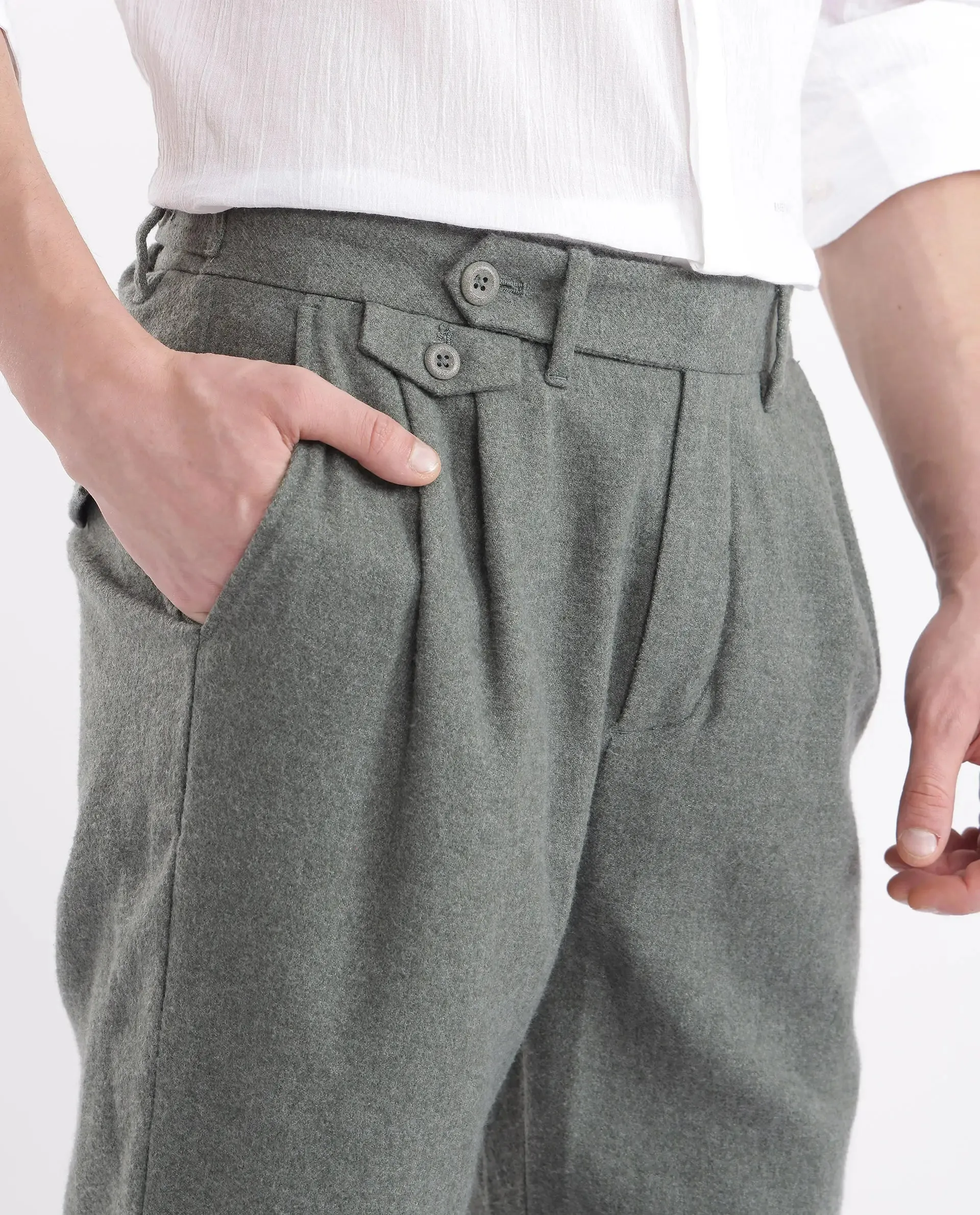 Rare Rabbit Men's Kaino Dark Green Felt Fabric Button Closure Pleated Front Regular Fit Textured Trouser