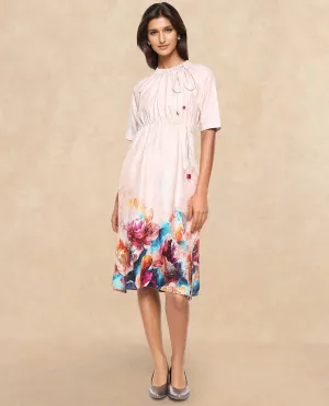 Rareism Women Zushi Multi Cotton Fabric Raglan Sleeves Ruffled Neck Tie-Up Closure A-Line Midi Floral Print Dress