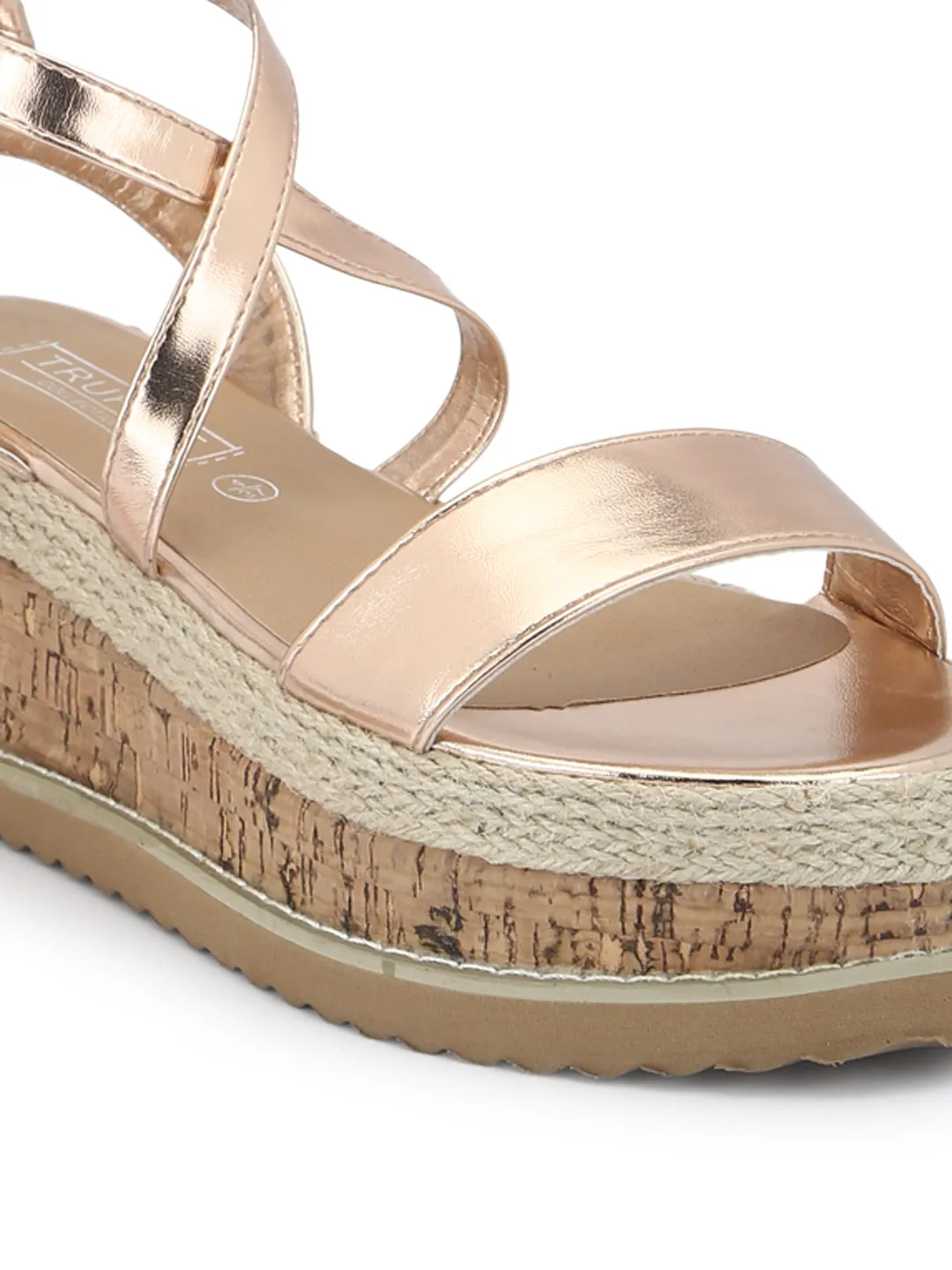 Rosegold Metallic Crossover Wraparound Jute Platform Wedges