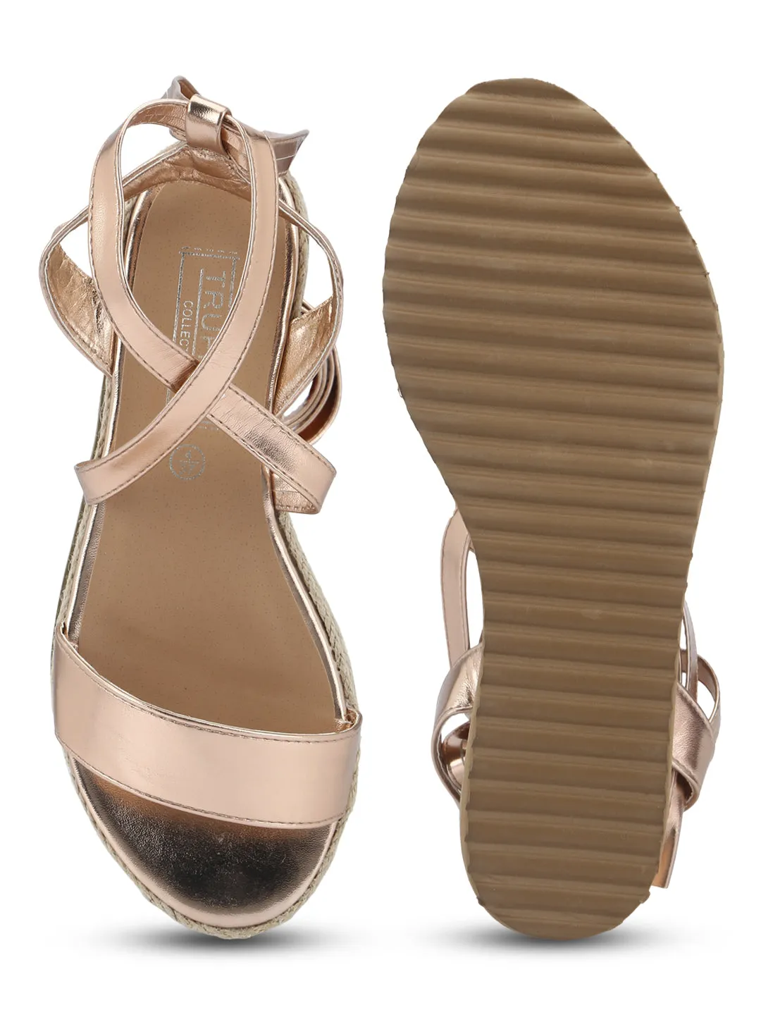 Rosegold Metallic Crossover Wraparound Jute Platform Wedges