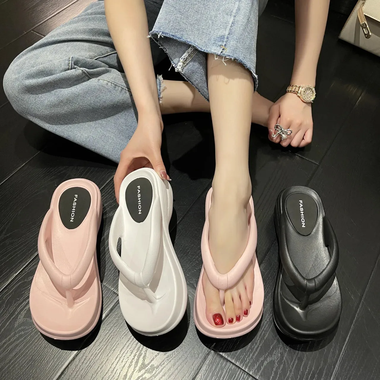 Thick Sole Wedges Flip Flops For Women 2023 Summer Clip  Platform Sandals Woman Non-slip Beach Slippers Girls Outdoor Slides