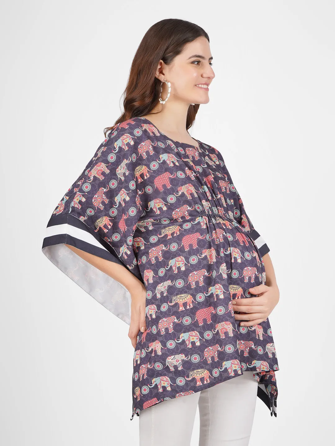 TINA - BLACK STYLISH MATERNITY KAFTAN TRADITIONAL PRINT IN ELEGANT COLOR