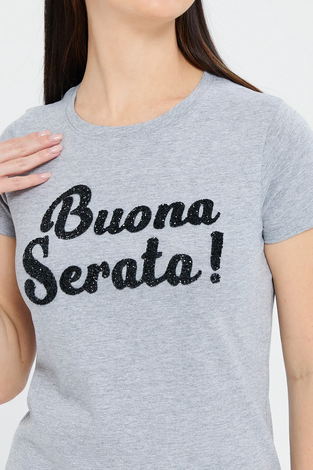 Women Grey Buona Serata Embellished T-Shirt