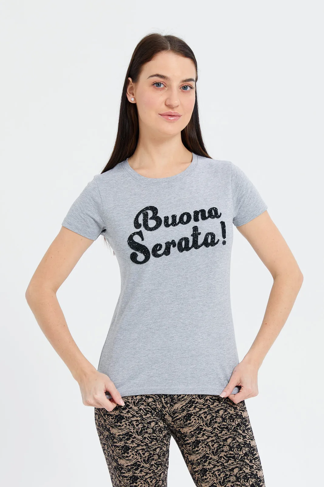 Women Grey Buona Serata Embellished T-Shirt