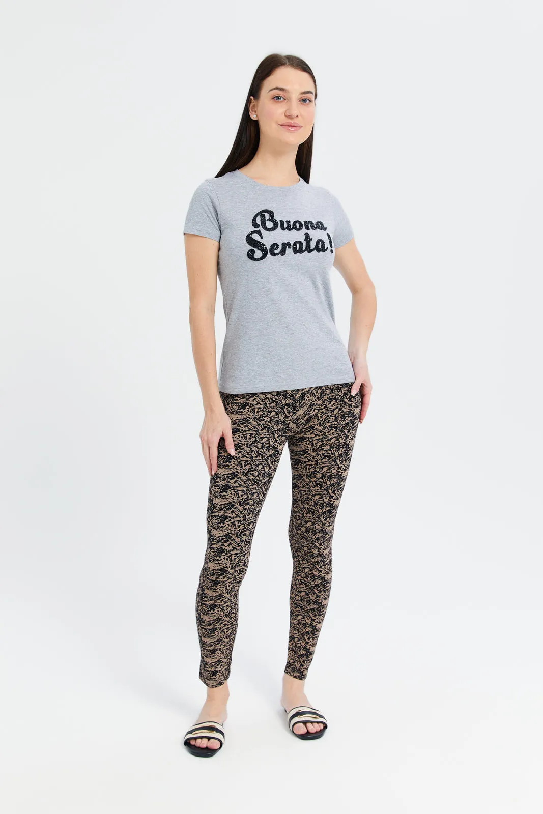 Women Grey Buona Serata Embellished T-Shirt