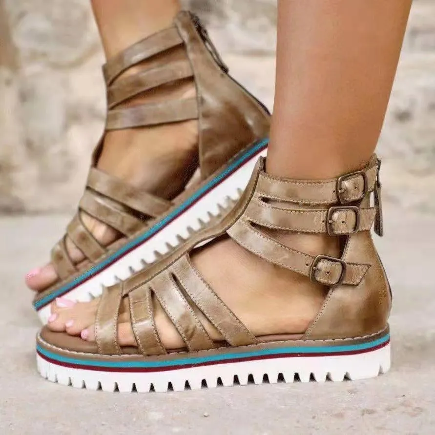 Women hollow breathable buckle strap back zipper flatform sandals