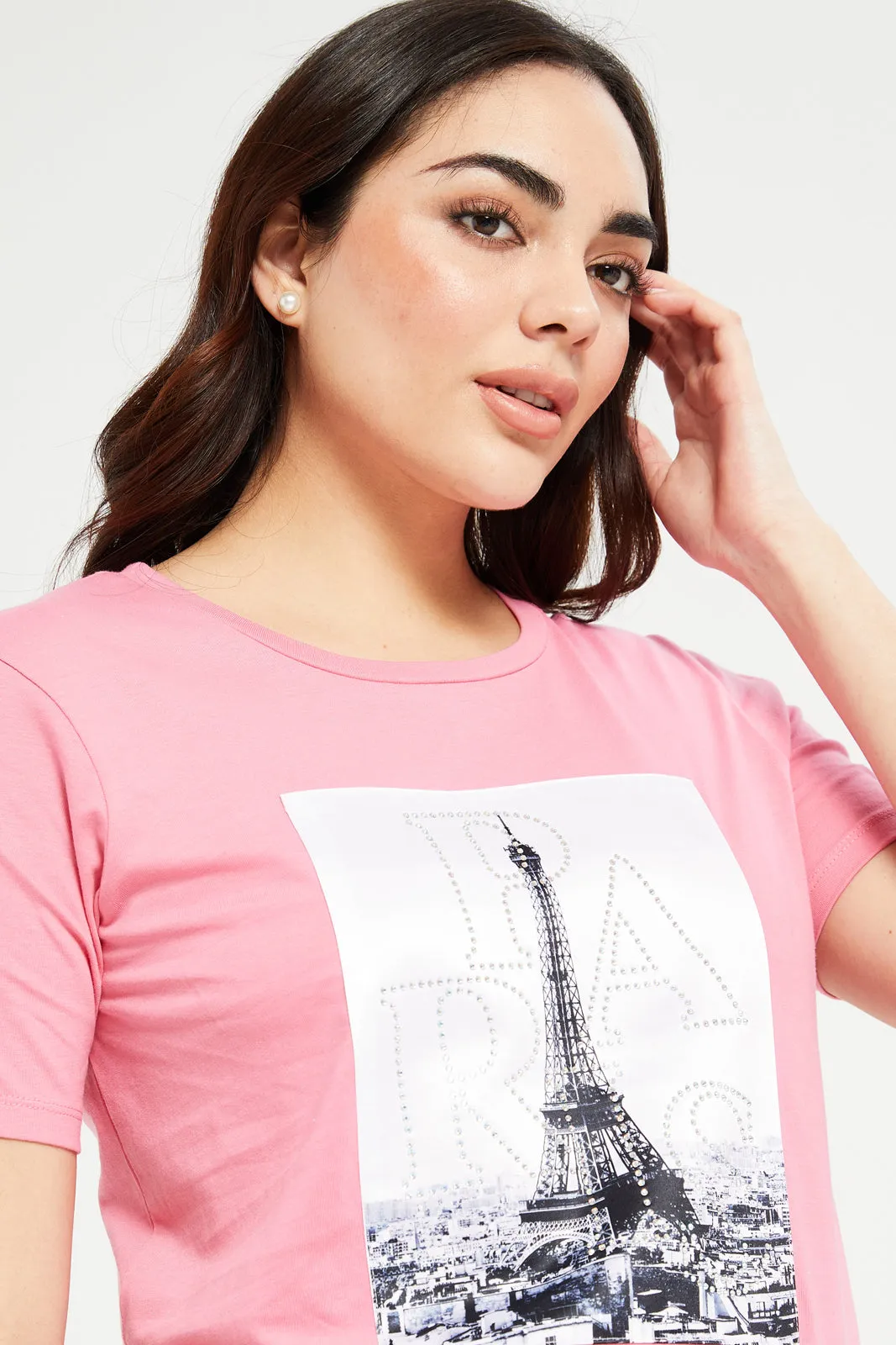 Women Pink Paris Embellished T-Shirt