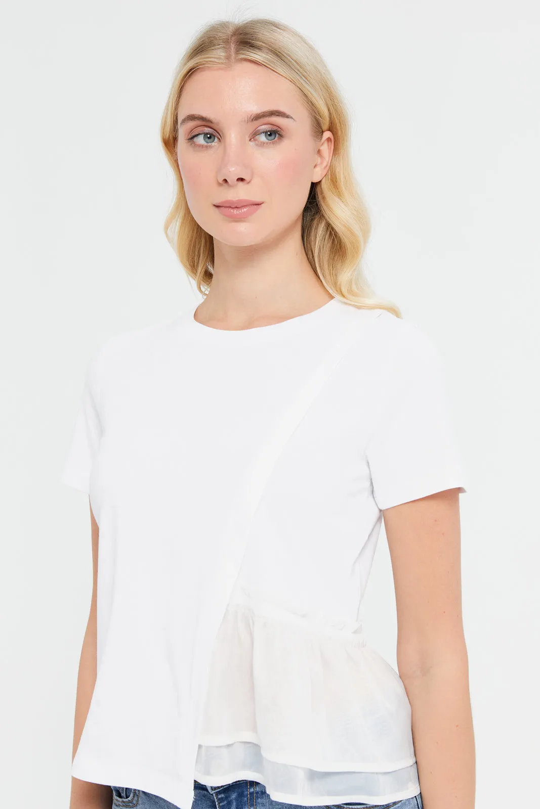 Women White Assymetric With Side Ruffle Top