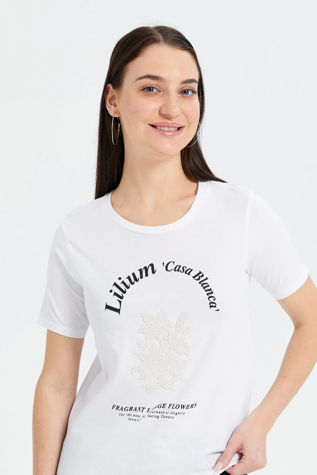 Women White Floral Pearl Embellished T-Shirt