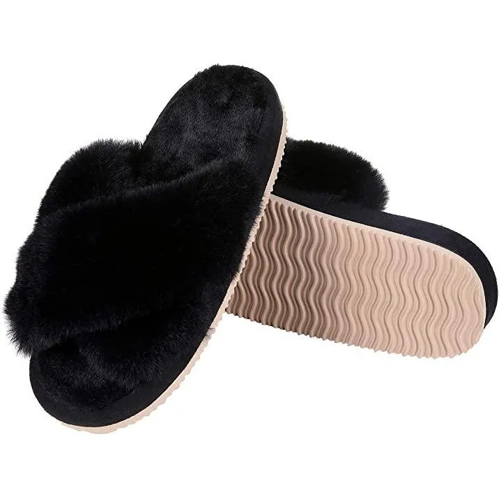 Women's Soft Plush Fuzzy Cross Band Open Toe Slippers