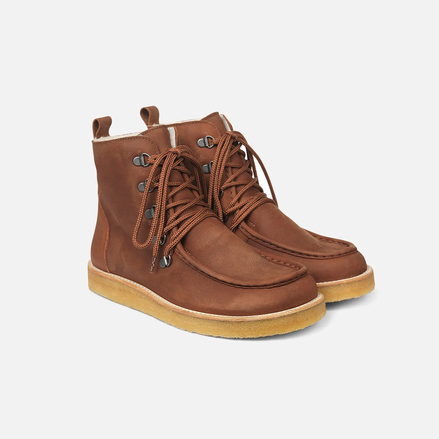 Womens Wool Lined Boots with Laces - Cognac Nubuck